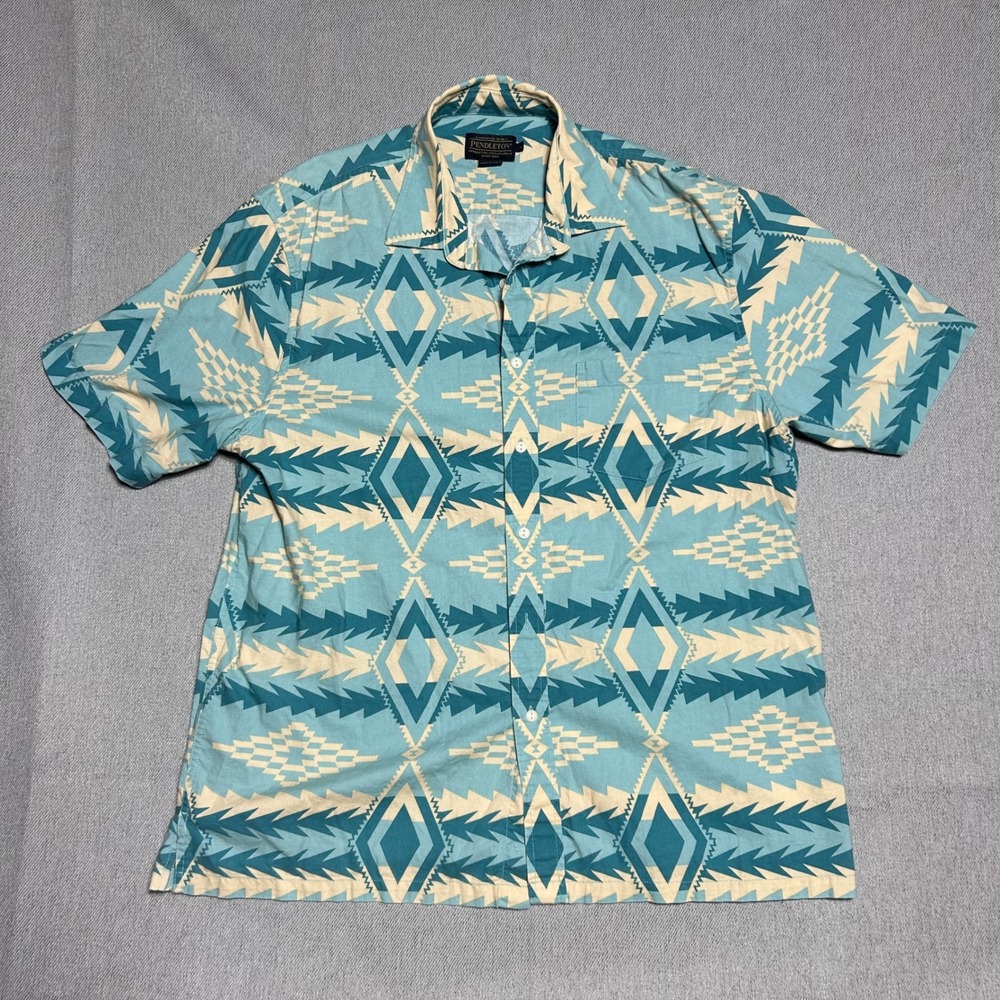 Pendleton Mens Southwestern Geometric Aztec L Teal Blue Cotton Short Sleeve